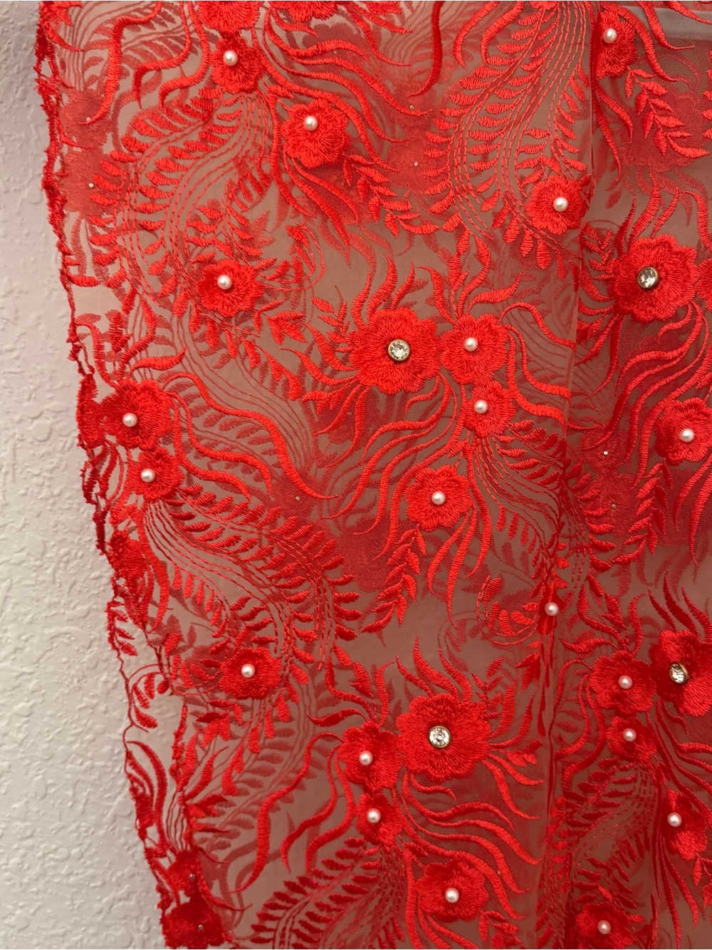 Vintage 1970s Semi-sheer Red Embroidered Lace Kaftan Top with Floral Appliqué - Picture 4 of 6